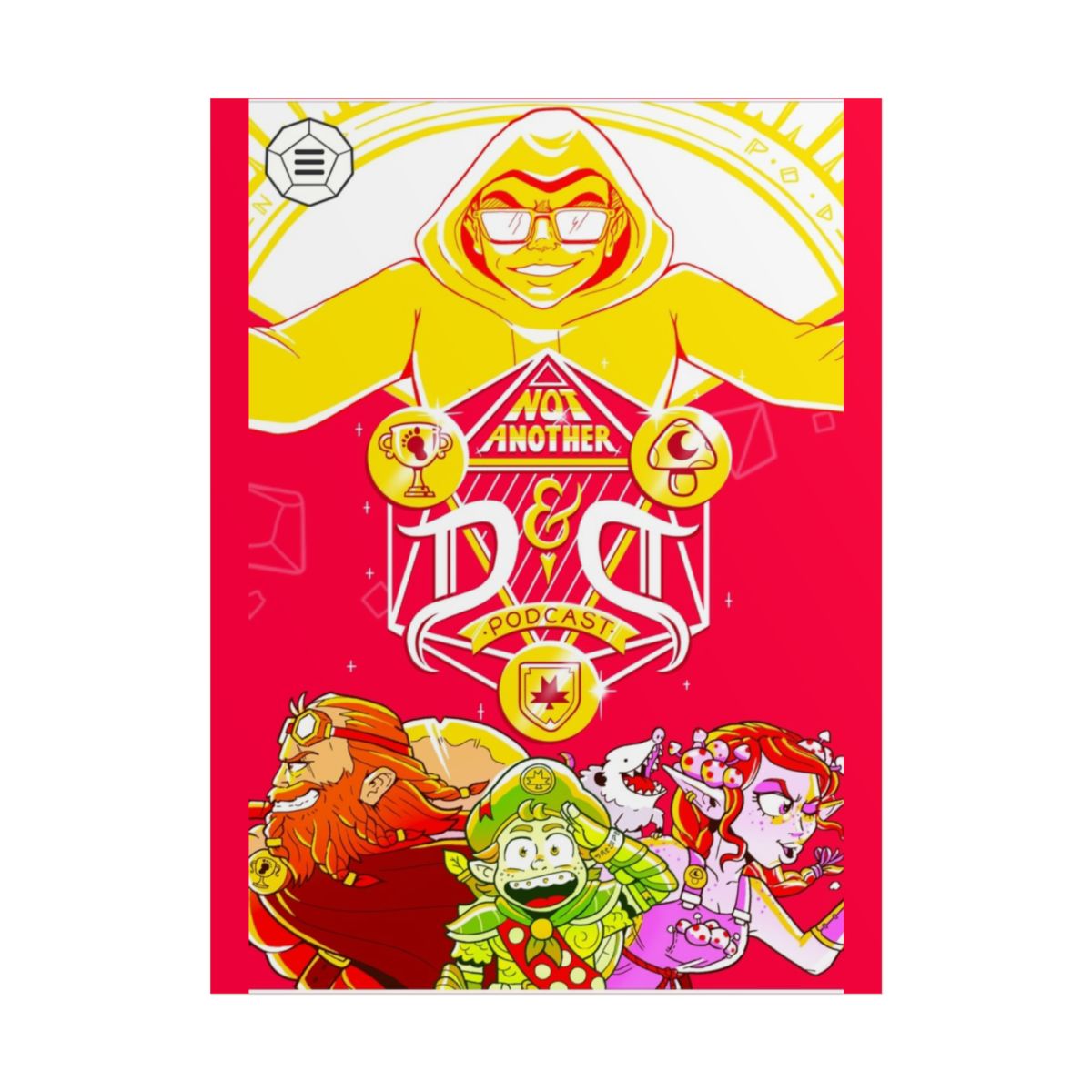 Not Another D&D Podcast illustration Rolled Poster | Fantasy RPG characters, vibrant red art print Not Another D&D Podcast