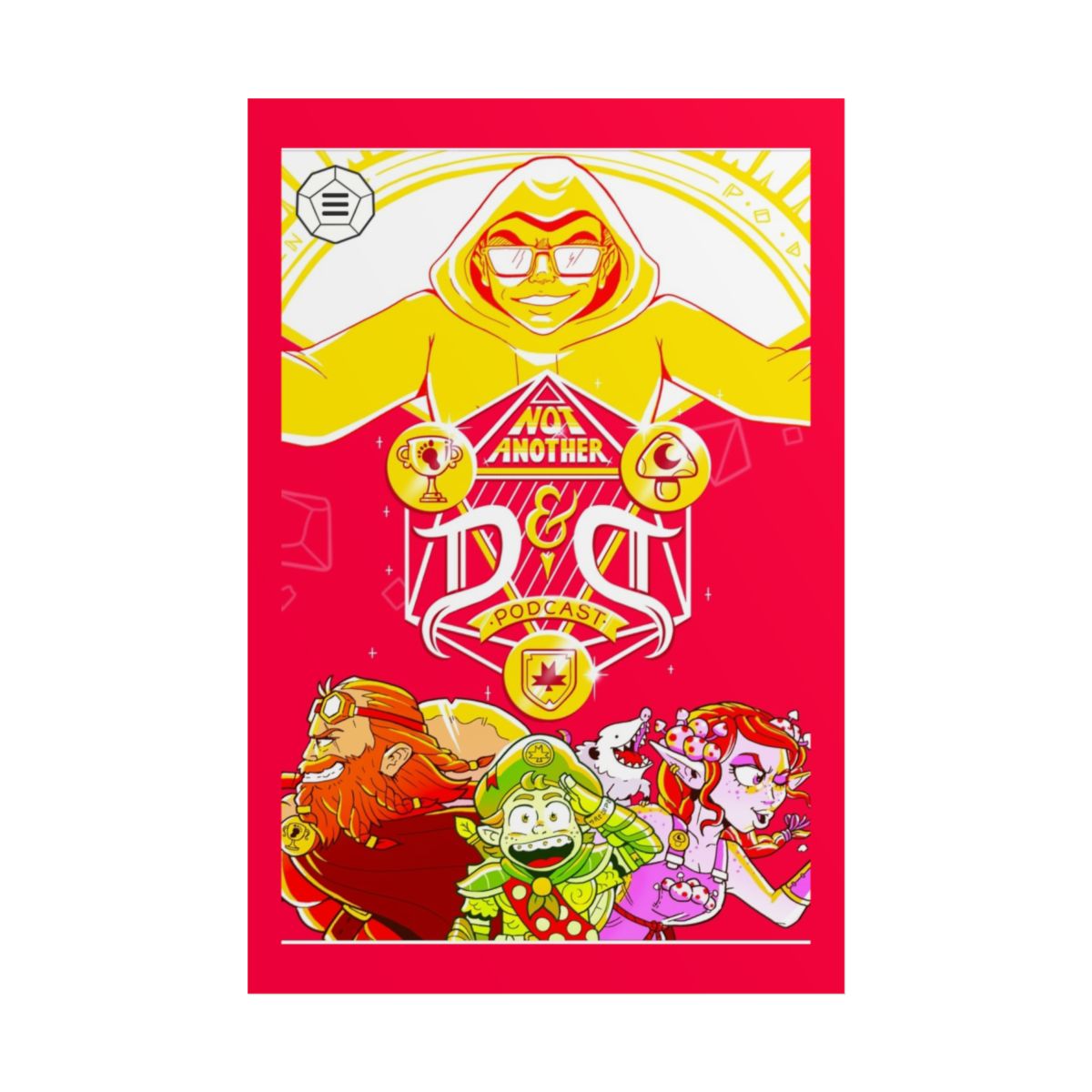 Not Another D&D Podcast illustration Rolled Poster | Fantasy RPG characters, vibrant red art print Not Another D&D Podcast - alternate angle 2, merchandise