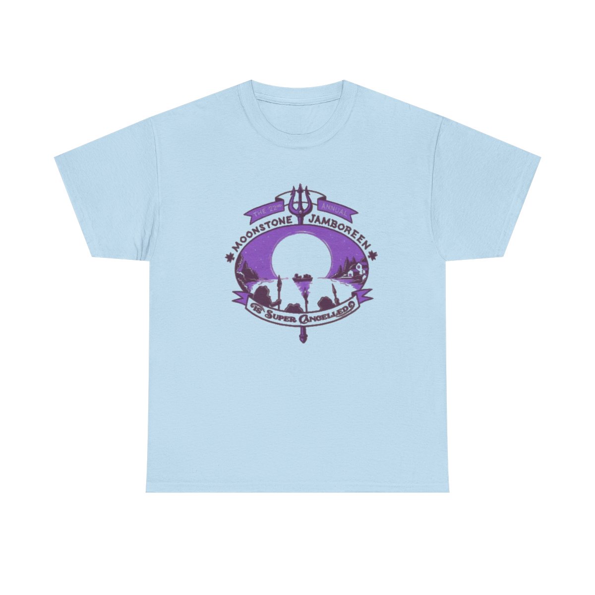 Moonstone Jamboree crest Tee | purple moon, trident, ocean silhouette Not Another D&D Podcast - alternate angle 3, merchandise
