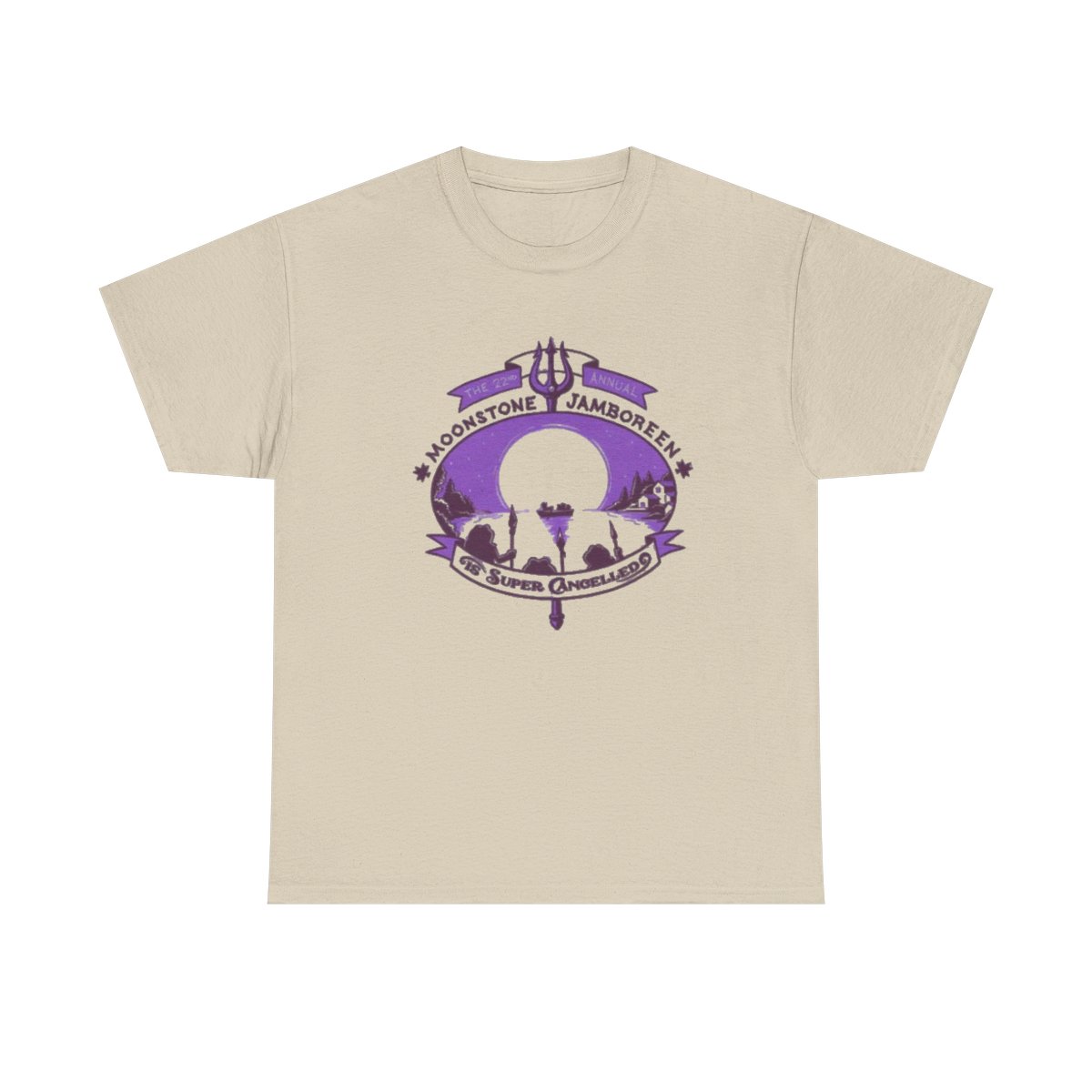 Moonstone Jamboree crest Tee | purple moon, trident, ocean silhouette Not Another D&D Podcast - alternate angle 2, merchandise