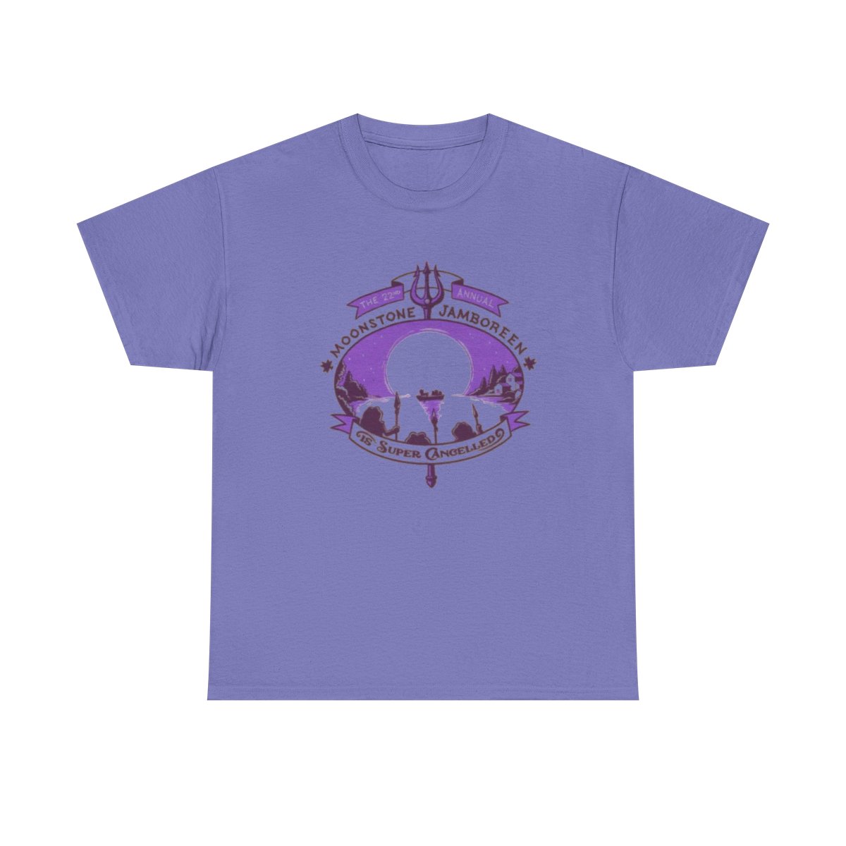 Moonstone Jamboree crest Tee | purple moon, trident, ocean silhouette Not Another D&D Podcast - alternate angle 4, merchandise